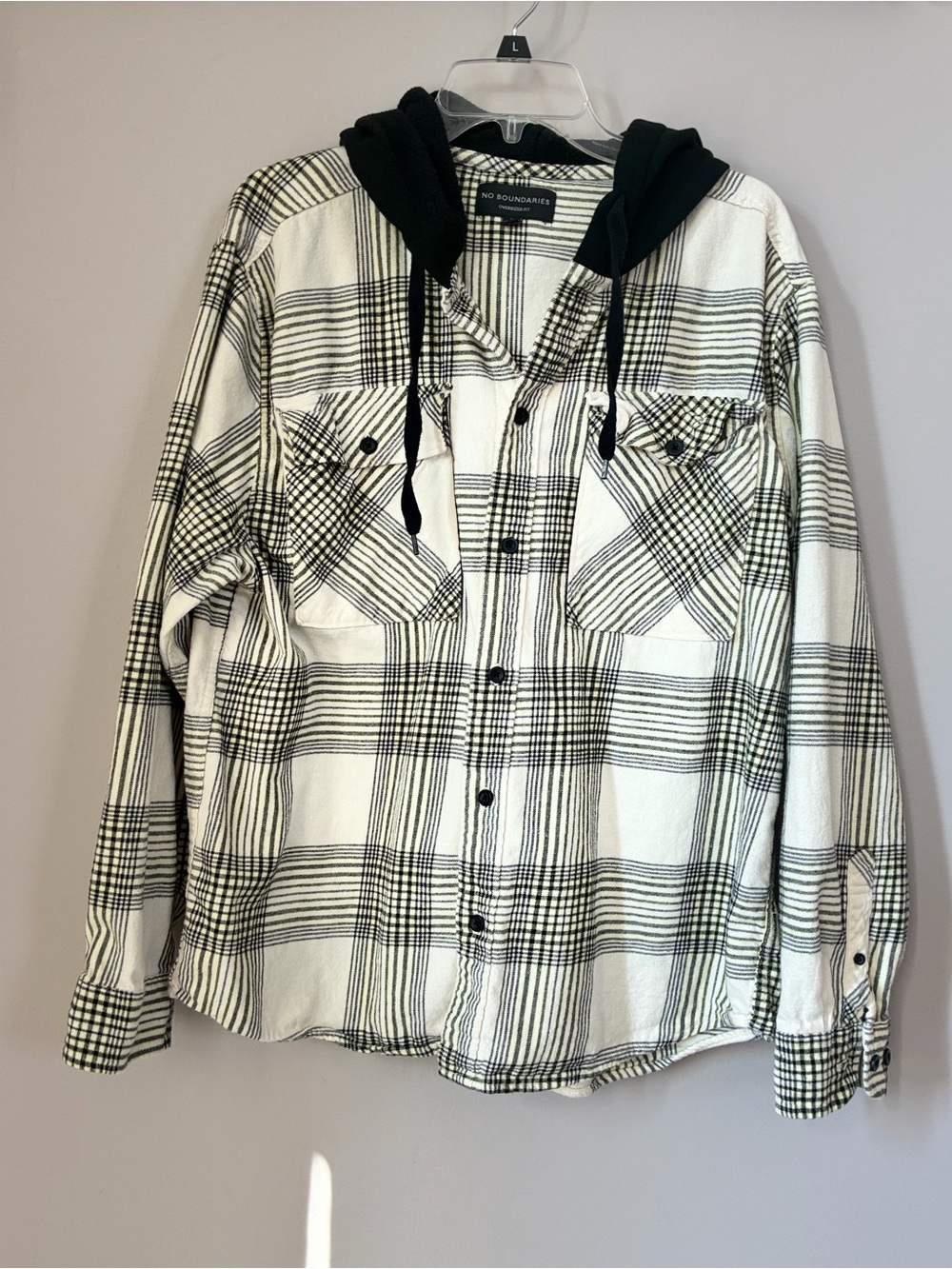 No Boundaries Oversized Plaid Hooded Shacket Jacket Size L Black White
